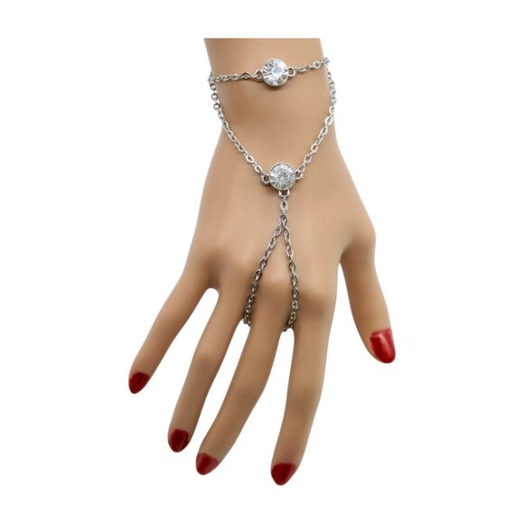 New Women Silver Metal Hand Chain Fashion Bracelet Connected Ring 2 Bling Beads - Picture 11 of 17